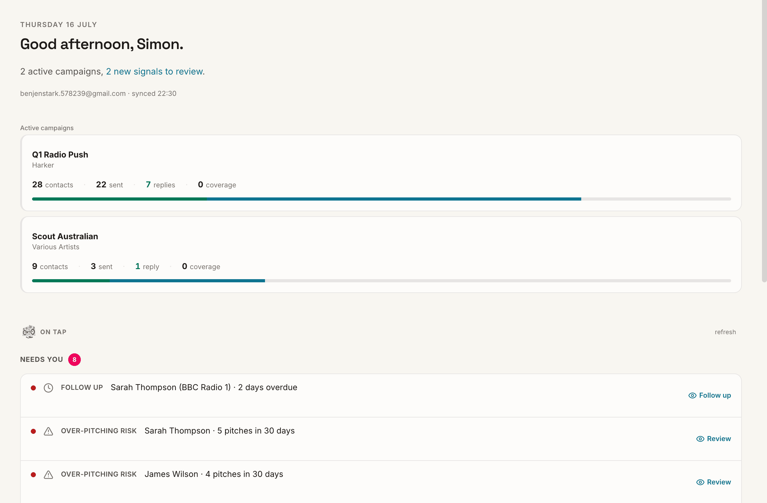 TAP workspace showing two active campaigns, follow-ups, and contact intelligence